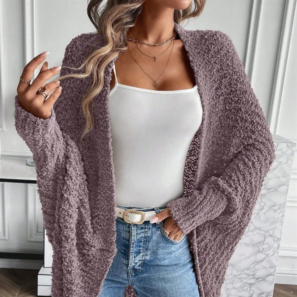 Purple Casual Womens Batwing Sleeve Open Front Cardigan - Picture 3 of 5